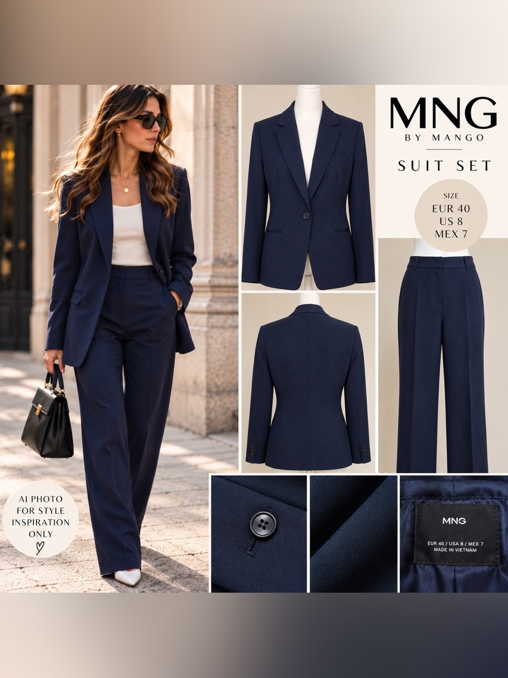Mango MNG Navy Blue Tailored Blazer & Pants Suit Set US 8 EUR 40